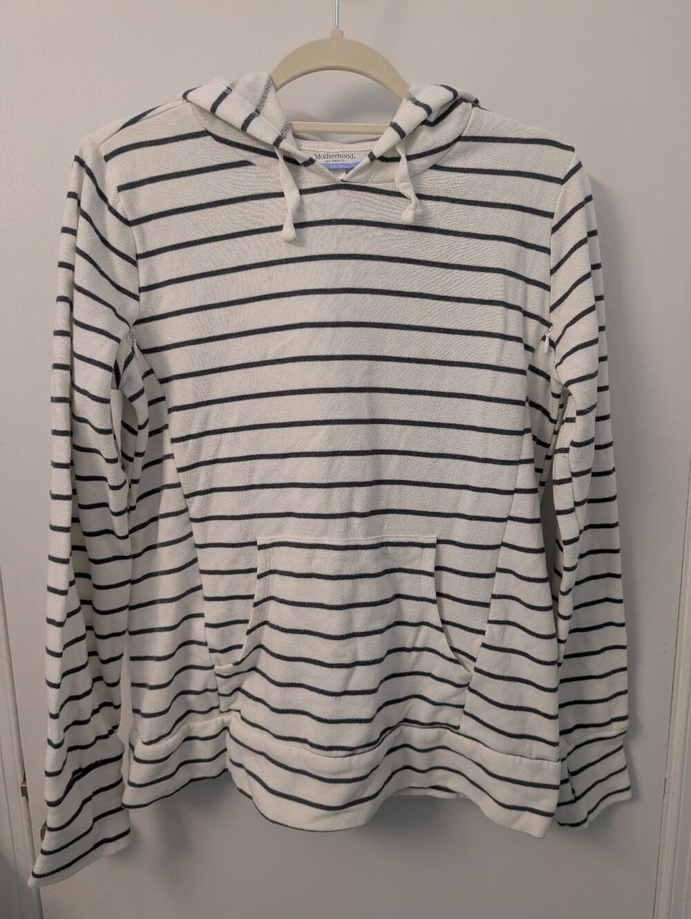 Motherhood White and Grey Striped Crewneck Hoodie Sweater Size Small